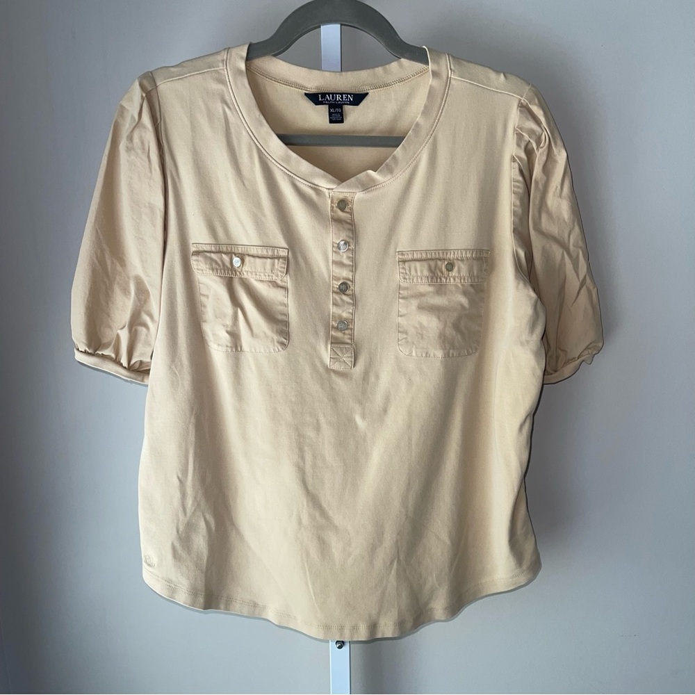 Lauren Ralph Lauren Beige Puff Sleeve Henley Top Button Front XL NWOT